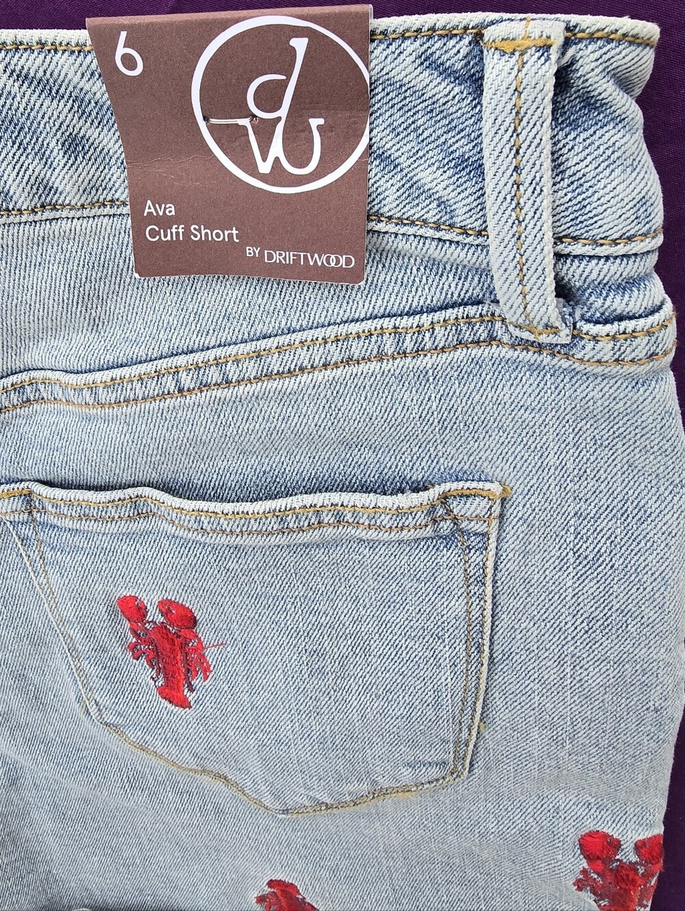 DRIFTWOOD Light Blue Denim Shorts with Red Lobster Embroidery - Picture 5 of 9